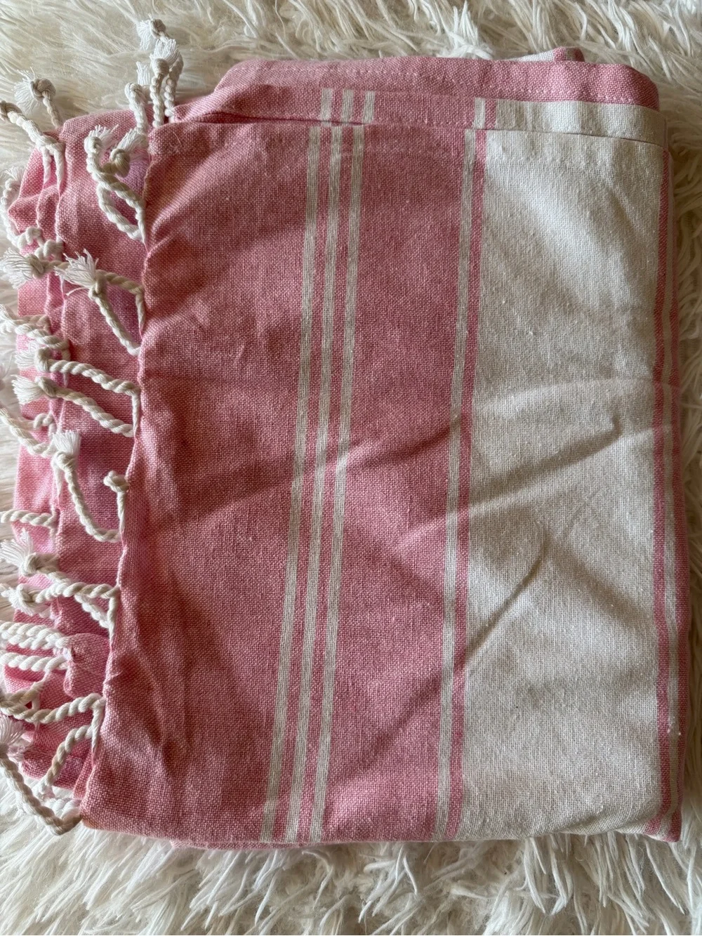 Pink and White Striped Fringe Turkish Towel